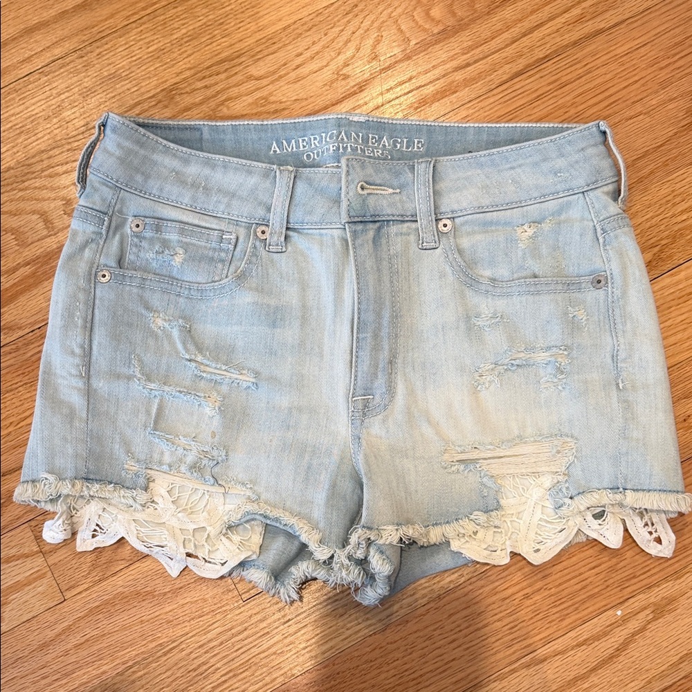American Eagle Outfitters Light Blue Distressed Denim Lace-Trim Shorts